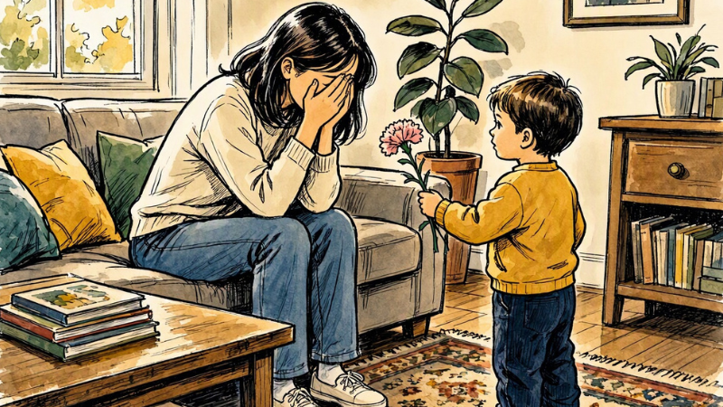 Kinder trauriger Mütter Wenn ein Kind versucht, die Mutter glücklich zu machen
