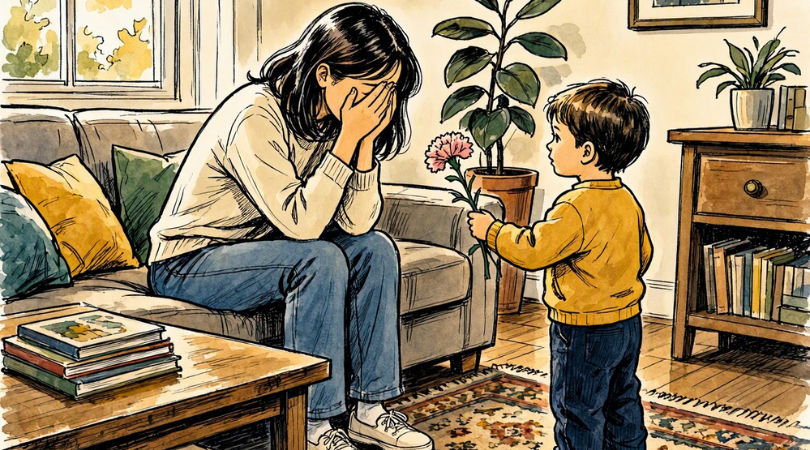 Kinder trauriger Mütter Wenn ein Kind versucht, die Mutter glücklich zu machen